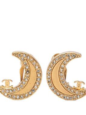 Chanel CC Logo Crescent Moon Rhinestone Gold Plated Ring
